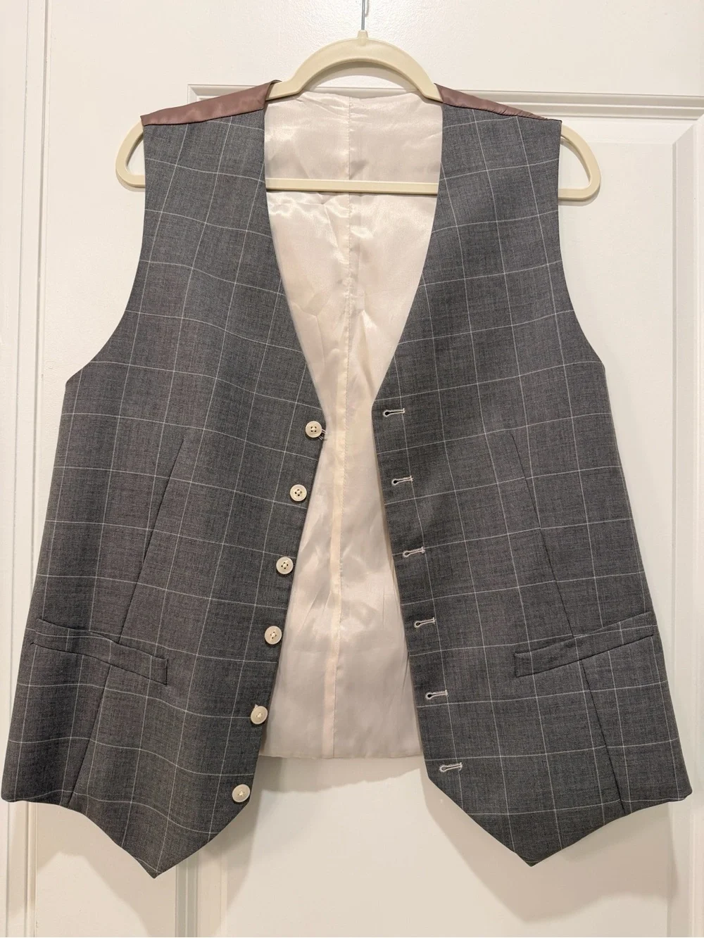 Men's Gray Windowpane Waistcoat Vest with Cream Lining